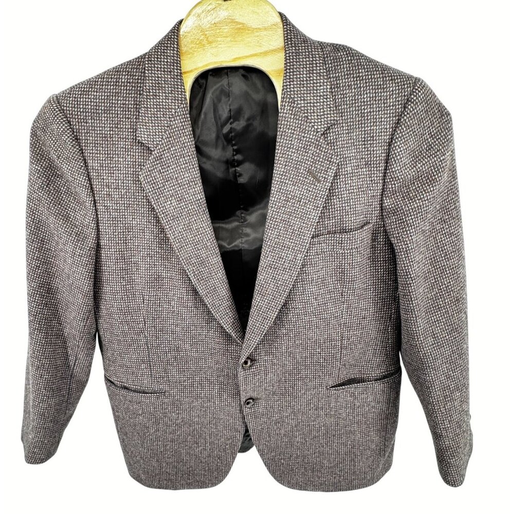 VINTAGE OAKTON II Sz 46R Gray Brown Plaid Tweed Wool Blazer Sport Coat Jacket
